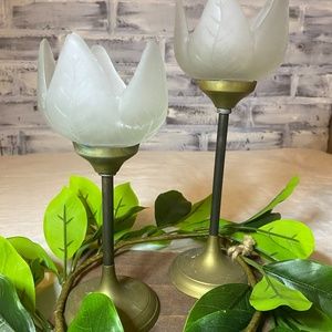 Vintage 2 Pc Frosted Glass Tulip Flower Tealight Candle Holders Brass Metal Base